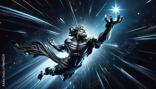 A 3D render of Zeus as a bodybuilder in a dynamic pose  reaching for a star  centered and isolated on a black background with blue and black tones