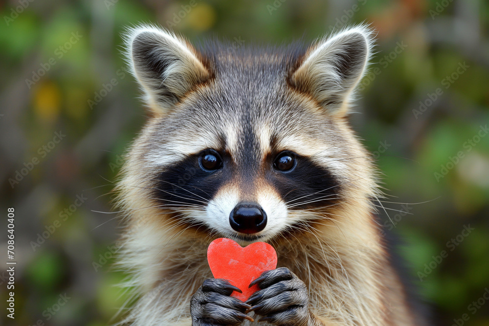 Raccoon with heart on green background. Valentine's day. Congratulations.