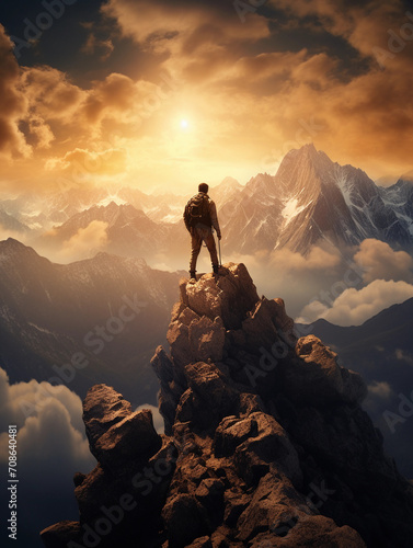 one person climbing a mountain in the peak at sunset enjoying the views 