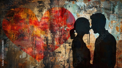 Silhouette of a loving couple against the background of the old wall