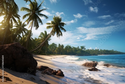 Towering palm trees lining a sandy beach along a tropical coastline