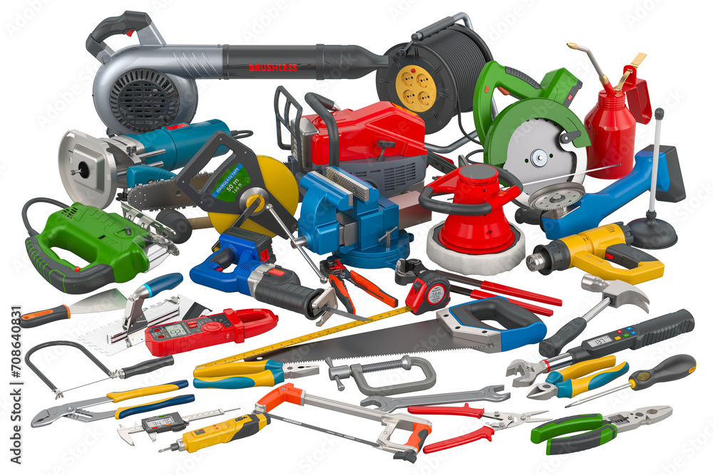 Set of construction tools, 3D rendering isolated on transparent background