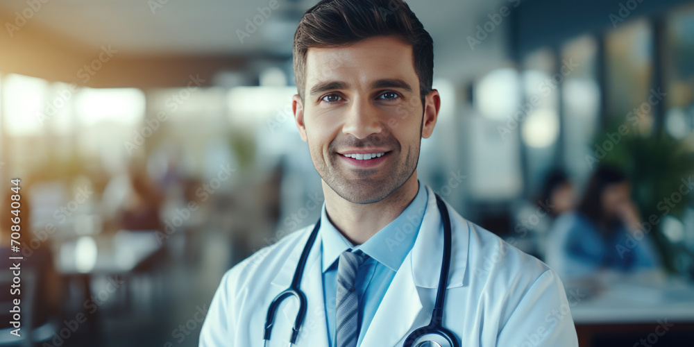 Portrait of friendly happy male doctor in workwear with stethoscope on against the background of the clinic