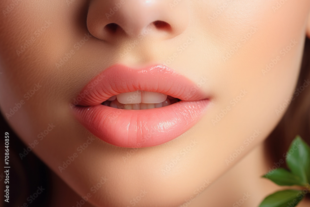 Obraz premium Close-up of beautiful female lips. Nude lipstick, gloss,open mouth. Makeup. Beautiful model skin. Sexy plump lips.