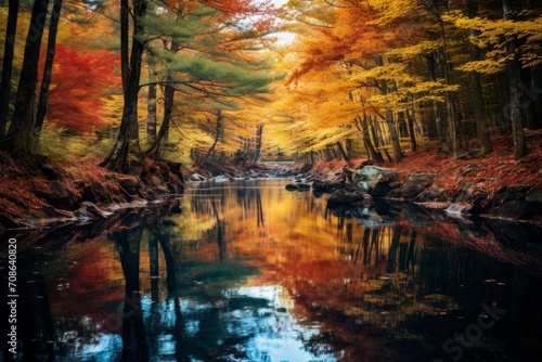 Tranquil forest pond reflecting a canopy of vibrant fall colors
