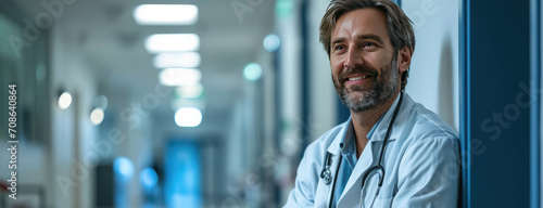 Portrait of friendly happy middle aged male doctor in workwear with stethoscope on against the background of the clinic