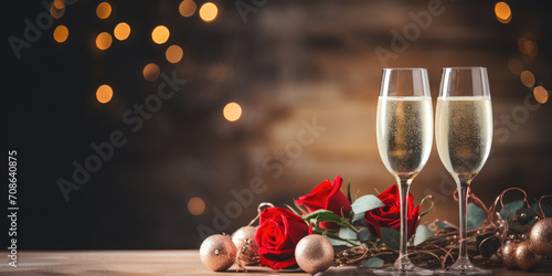 Two glasses of champagne,wine, red roses against a background of night golden bokeh. Festive background, card for birthday, New Year, Christmas, date, Valentine's Day, anniversary. Copy space. Banner photo