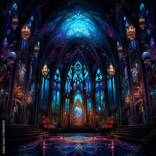an artistic painting of a gothic church with blue and purple lighting