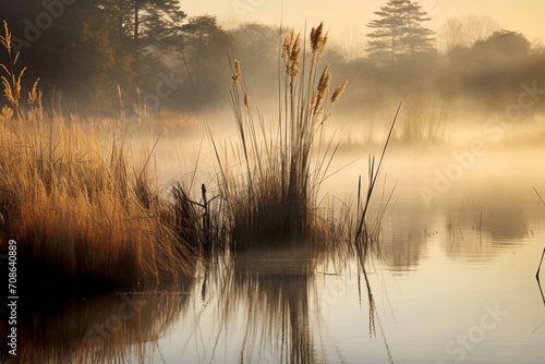 Tranquil marshland with tall grasses and reflections in the water