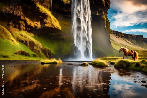 Amazing Seljalandsfoss waterfall in Iceland - The Icelandic red horse is a breed of horse developed - Iceland-