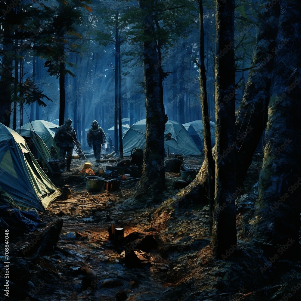 a group of people standing around a tent in the woods a group of people standing around a tent in the woods