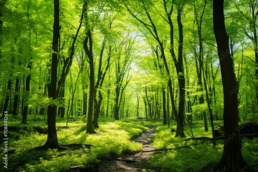 Fototapeta premium Serene forest path surrounded by towering trees