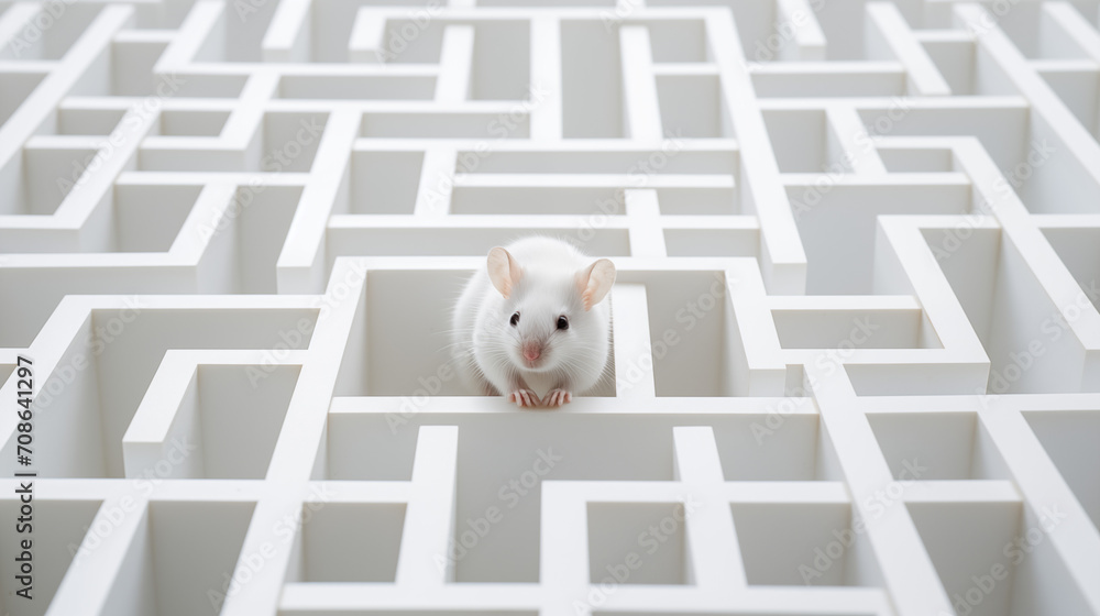 Experimento científico con un ratón blanco de laboratorio intentando