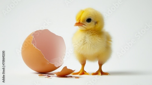 Cute newborn chick beside broken eggshell on white, perfect for Easter and spring themes.