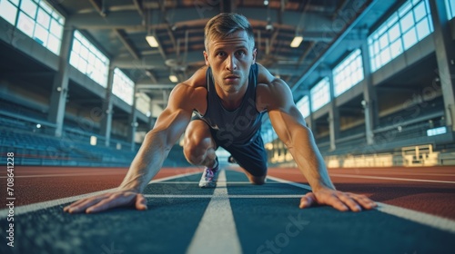 Determined male athlete poised to sprint on an indoor track, embodying focus and motivation.
