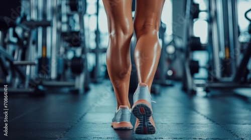 Focused shot on athletic legs with sneakers walking in gym, embodying active lifestyle and fitness.