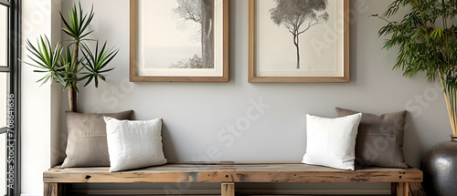 Stampa su tela Wooden rustic bench with pillows against wall with two poster frames