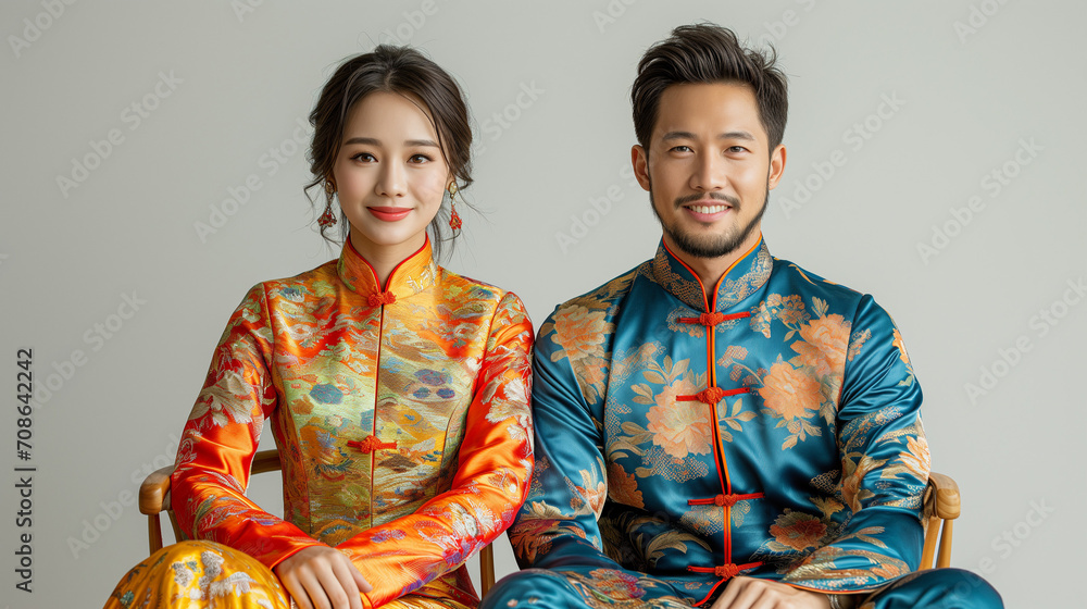 Vietnamese Asian Pretty Elegant Women And Handsome Man Couple In Tet New Year Eve Costume Clothes