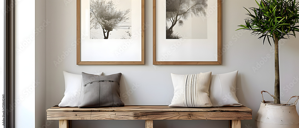 Wooden rustic bench with pillows against wall with two poster frames. Country farmhouse interior design of modern home entryway,fragmented architectur,coastal and harbor views,capture the essence of n - obrazy, fototapety, plakaty 