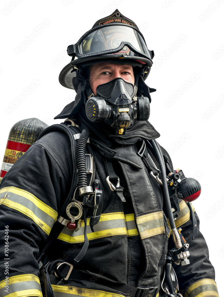 High-resolution image of a firefighter in full gear with a transparent background, perfect for design use.