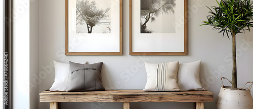 Wooden rustic bench with pillows against wall with two poster frames. Country farmhouse interior design of modern home entryway,fragmented architectur,coastal and harbor views,capture the essence of n photo