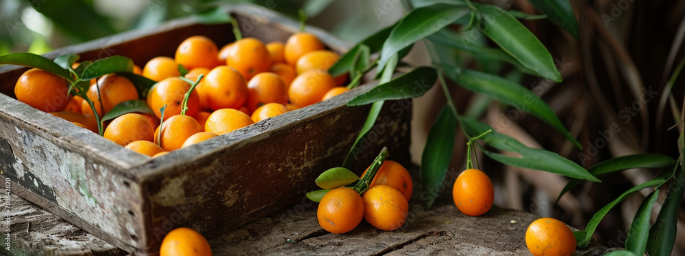 kumquat in a box on a wooden background, nature.