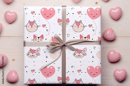 valentine's day gift lying on light wooden table packed in holiday paper with heart shaped balloon pattern and cats pink colors