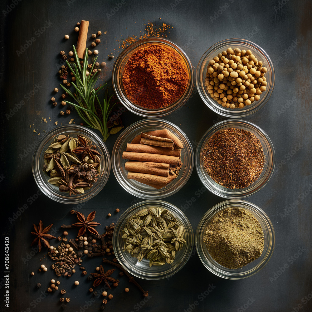 A Selection of Asian Spices Prepared in Glass Bowls A Selection of Asian Spices Prepared in Glass Bowls