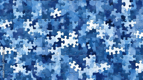 Seamless painted blue jigsaw puzzle camouflage background pattern