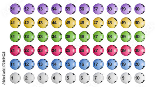 60 colorful lottery balls with transparent background. Lotto balls with 60 numbers. 3d rendering photo