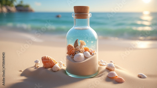 a glass jar filled with shells on a tropical sea beach sand. Souvenir from travel