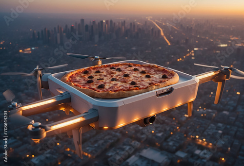 A quadcopter soaring over a modern cityscape, delivering a pizza box with precision. Ideal for showcasing the future of urban deliveries, the drone services, food delivery, and urban lifestyle. photo