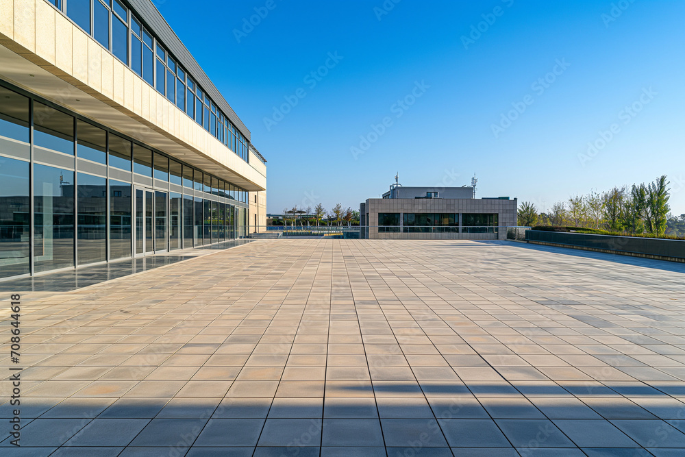 Obraz premium A spacious outdoor plaza with a clear view of the sky, featuring a large expanse of tiled flooring and a modern building with prominent windows.
