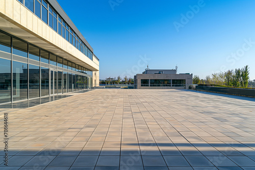 A spacious outdoor plaza with a clear view of the sky, featuring a large expanse of tiled flooring and a modern building with prominent windows.