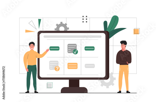 Schedule planning illustration. Characters work in a team. Characters plan work tasks and delegating important work tasks. Business management and organization. Vector illustration.