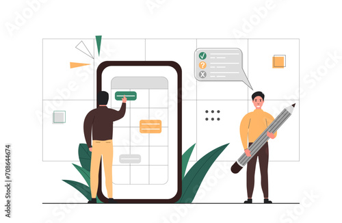 Schedule planning illustration. Characters work in a team. Characters plan work tasks and delegating important work tasks. Business management and organization. Vector illustration.