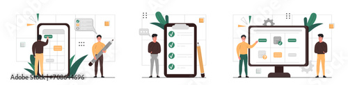Schedule planning illustration set. Characters work in a team. Characters plan work tasks, check the list of completed tasks and delegating important work tasks. Business management and organization.