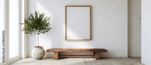 Print op canvas Wooden bench against white wall with poster frame