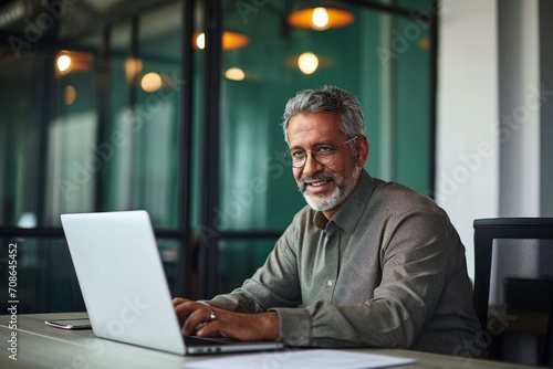 Smiling busy older professional business man working on laptop sitting at desk. Older mature Indian businessman, happy male executive manager typing on computer using pc technology, Generative AI