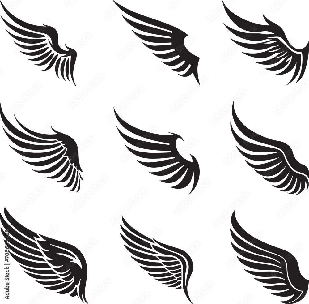 One Color Vector Single Wing Icons Set with clean sharp feather lines that make great logo wings and designs for a wing background emblems 
