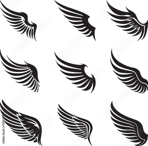 One Color Vector Single Wing Icons Set with clean sharp feather lines that make great logo wings and designs for a wing background emblems 