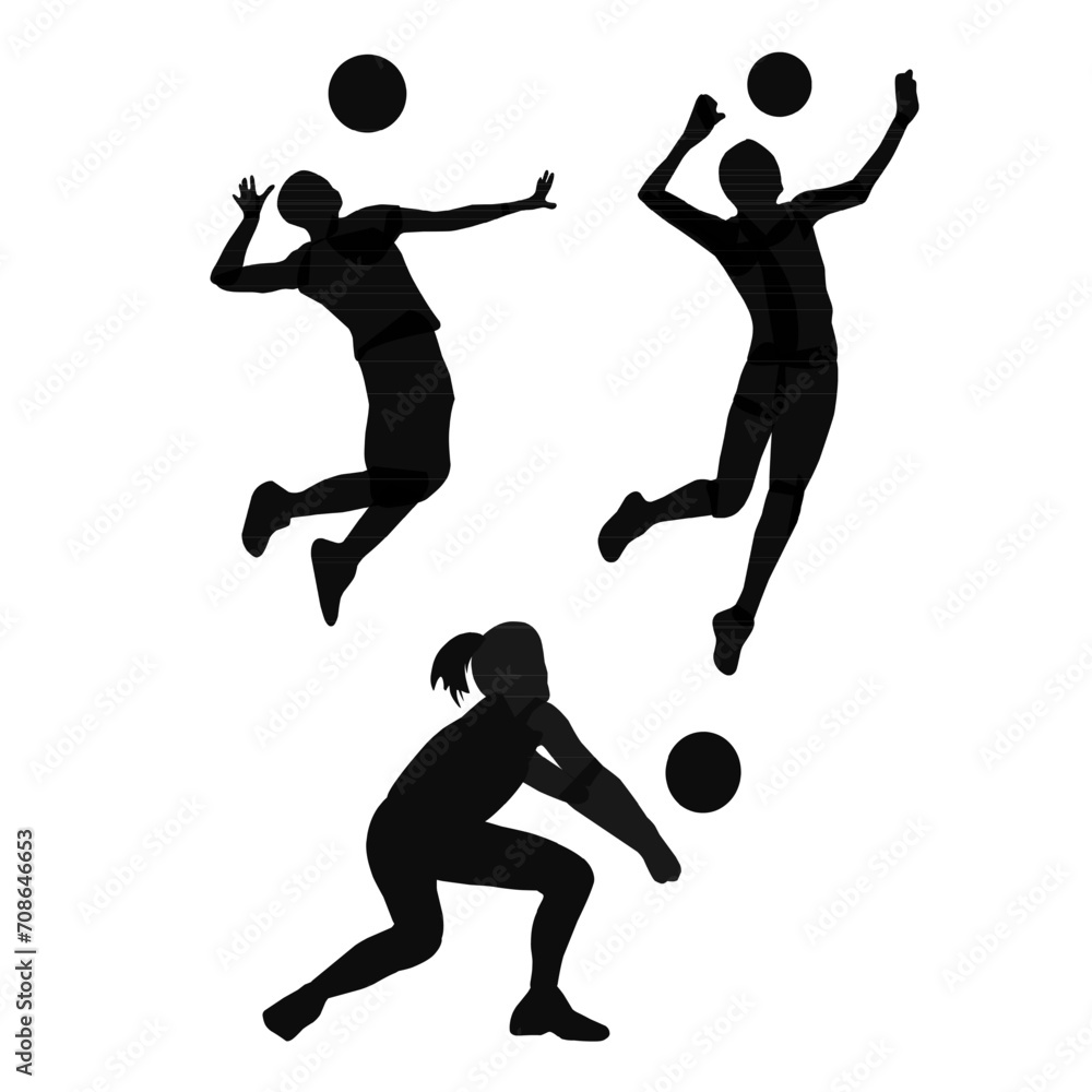 Collection set of volleyball players silhouettes, illustration over white background