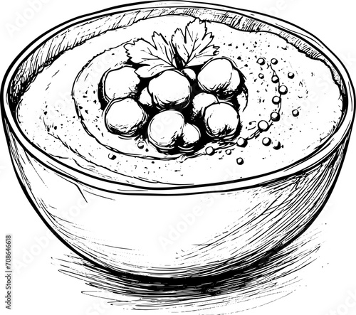 Hummus with chickpeas and parsley in sketch style. 