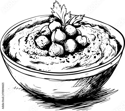 Hummus with chickpeas bowl. Vector EPS 10 illustration in sketch style. Mediterranean traditional fast food. 
