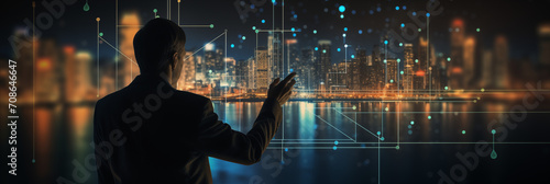 a businessman is pointing to an investment chart graph, in the style of bokeh panorama, 21st century, shaped canvas, night photography, rtx on
