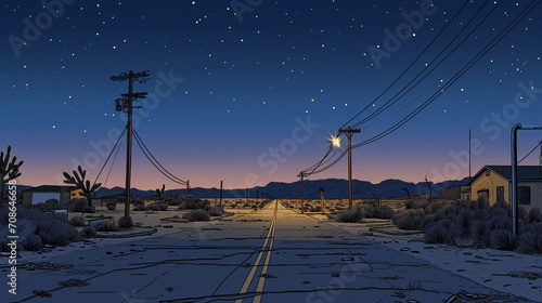 Front view of desert road, camera from the street front , the camera looks at desert road as the morning sky goes from dark to blue, 5AM night, comic style, focal lenght 1.0, comic strip style, wide s photo