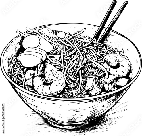 Pad thai asian dish in sketch style. 