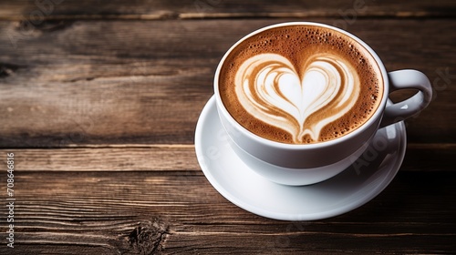 A cup with a delicious cappuccino on a wooden background. Lush foam with a painted heart. Morning drink. photo