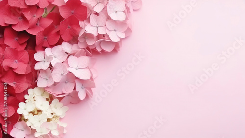 Hydrangea pink red white .Background copy space pastel background Floral background delicate composition for greeting cards, isolated flowers. Copy space banner