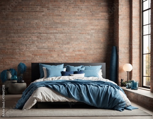 Bed with blue pillow and coverlet near fireplace. Loft interior design of modern